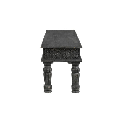 58" Black Floral Distressed Wood And Solid Wood Dining Bench