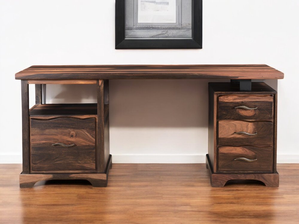 68" Natural Live Edge Solid Wood Writing Desk With Four Drawers