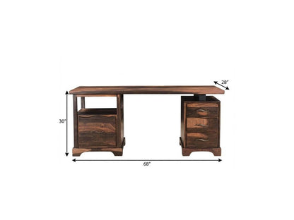 68" Natural Live Edge Solid Wood Writing Desk With Four Drawers