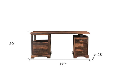 68" Natural Live Edge Solid Wood Writing Desk With Four Drawers