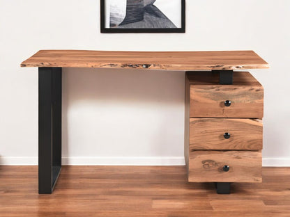 54" Natural and Black Live Edge Solid Wood Writing Desk With Three Drawers