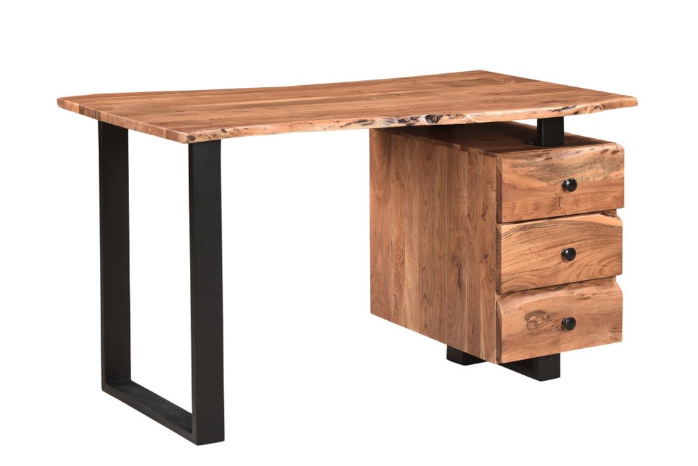 54" Natural and Black Live Edge Solid Wood Writing Desk With Three Drawers