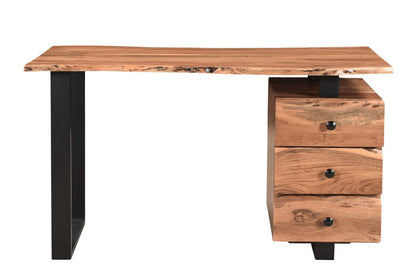 54" Natural and Black Live Edge Solid Wood Writing Desk With Three Drawers