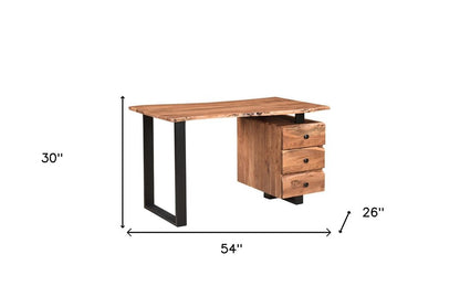 54" Natural and Black Live Edge Solid Wood Writing Desk With Three Drawers