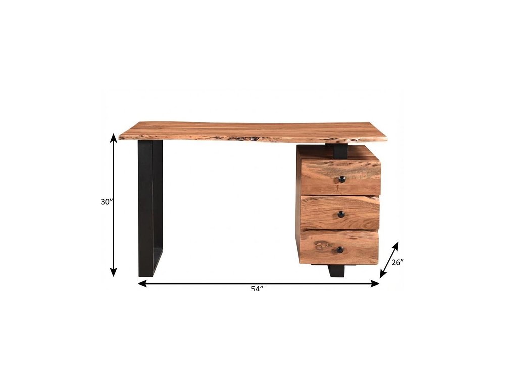 54" Natural and Black Live Edge Solid Wood Writing Desk With Three Drawers