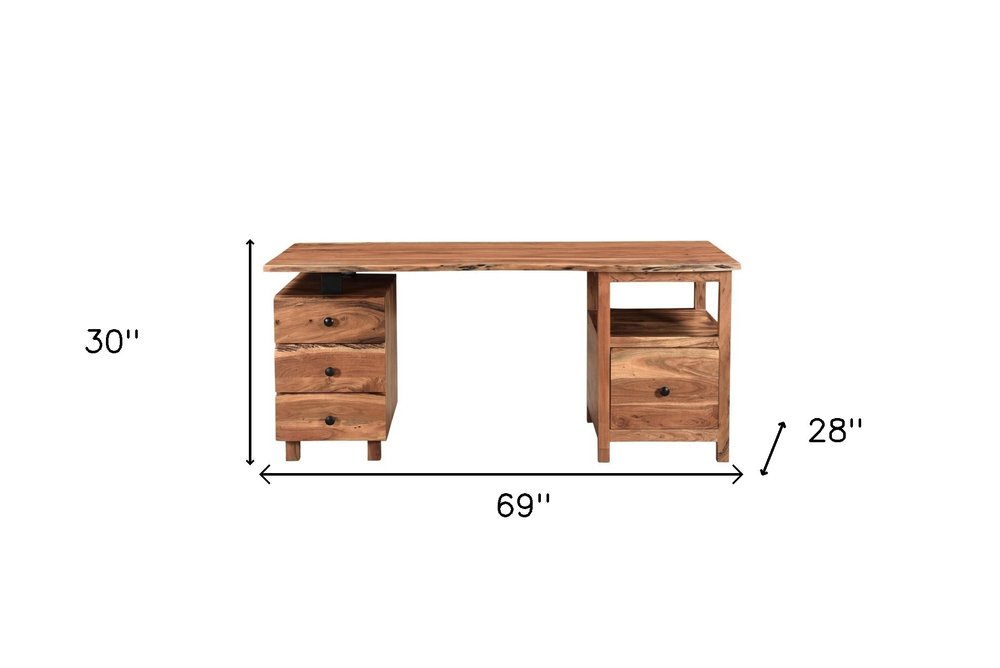 69" Brown Live Edge Solid Wood Writing Desk With Four Drawers