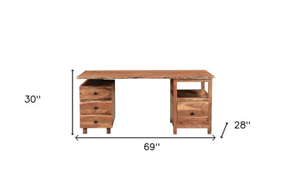 69" Brown Live Edge Solid Wood Writing Desk With Four Drawers