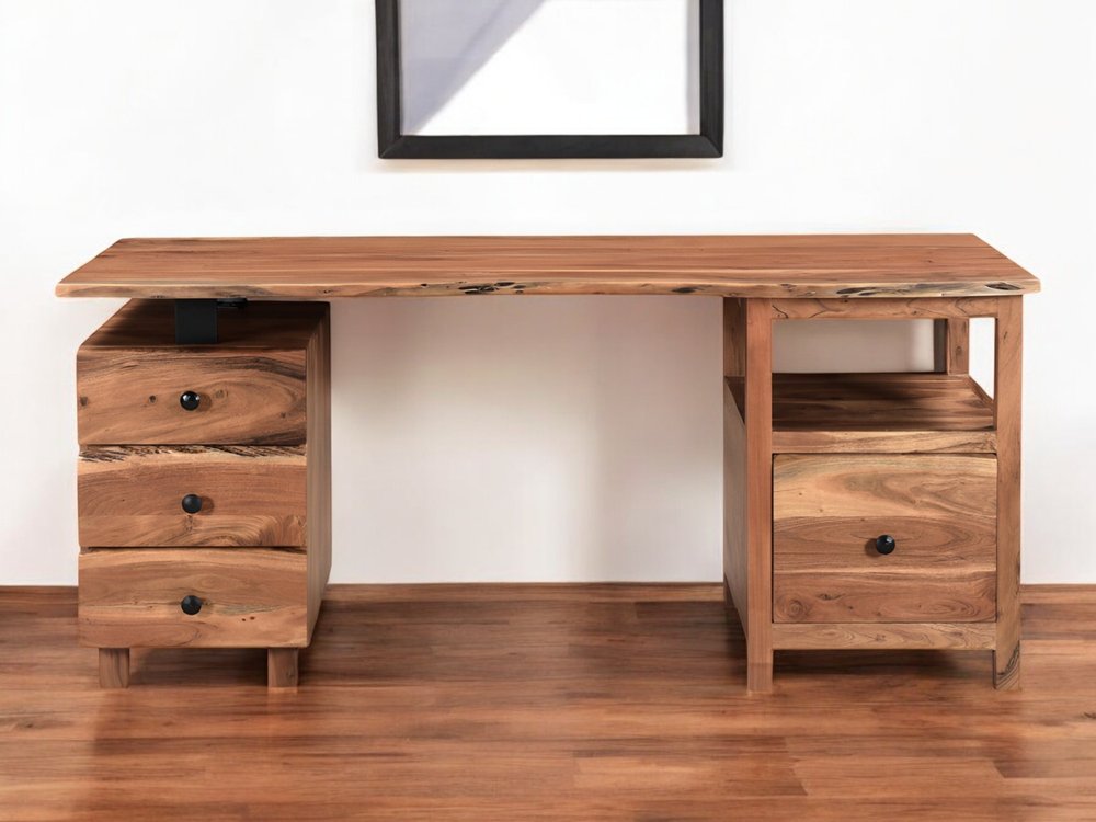 69" Brown Live Edge Solid Wood Writing Desk With Four Drawers