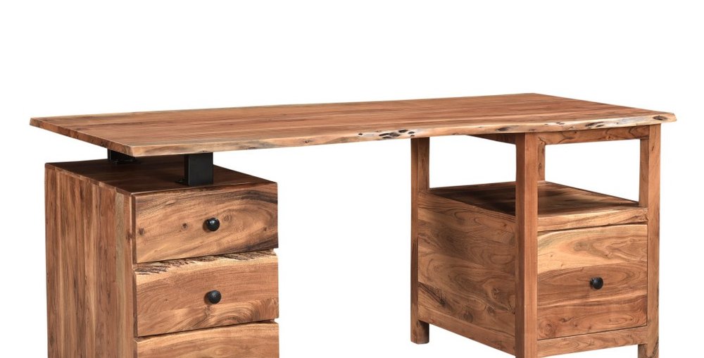 69" Brown Live Edge Solid Wood Writing Desk With Four Drawers