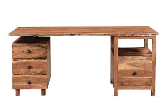 69" Brown Live Edge Solid Wood Writing Desk With Four Drawers
