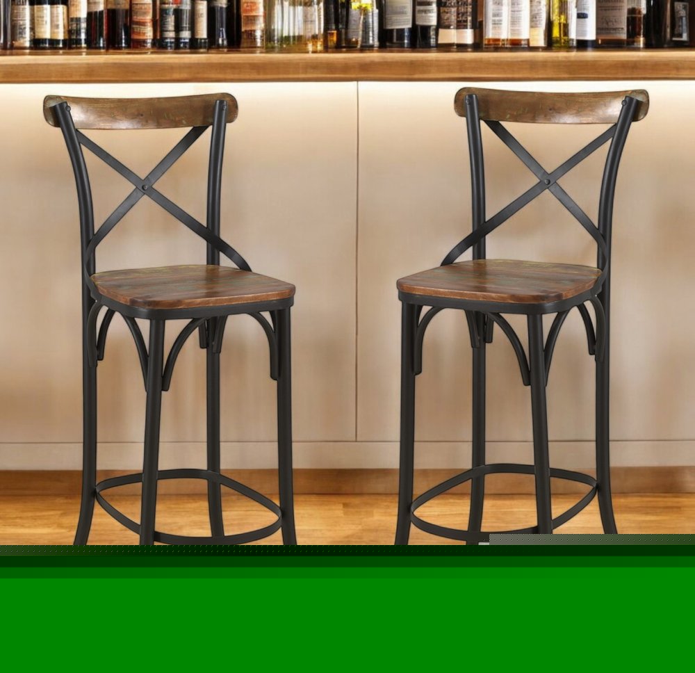 30" Brown and Black Solid Wood and Metal Counter Height Bar Chair