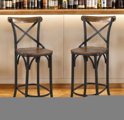 30" Brown and Black Solid Wood and Metal Counter Height Bar Chair