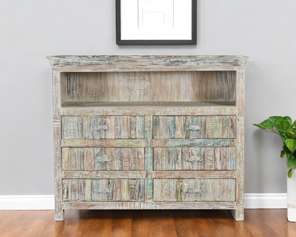 50" White Distressed Reclaimed Wood Open And Enclosed Storage Entertainment Center