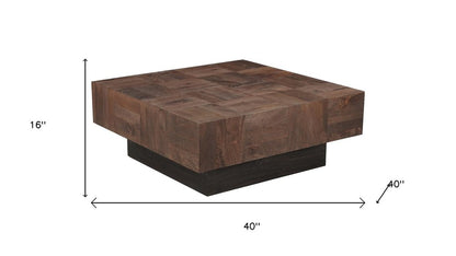 40" Dark Brown and Black Solid Wood Square Block Coffee Table