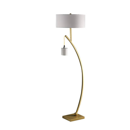 59" Gold And White Arc Floor Lamp With White Fabric Drum Shade