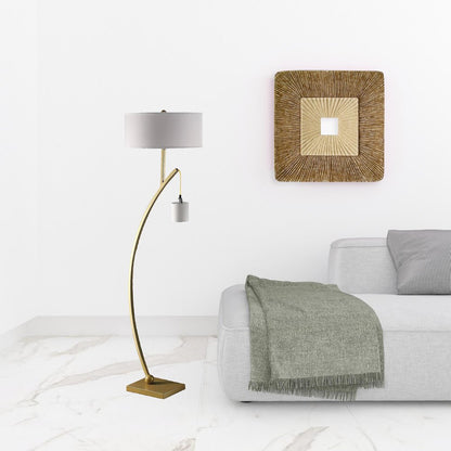 59" Gold And White Arc Floor Lamp With White Fabric Drum Shade