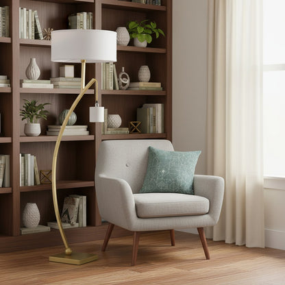 59" Gold And White Arc Floor Lamp With White Fabric Drum Shade