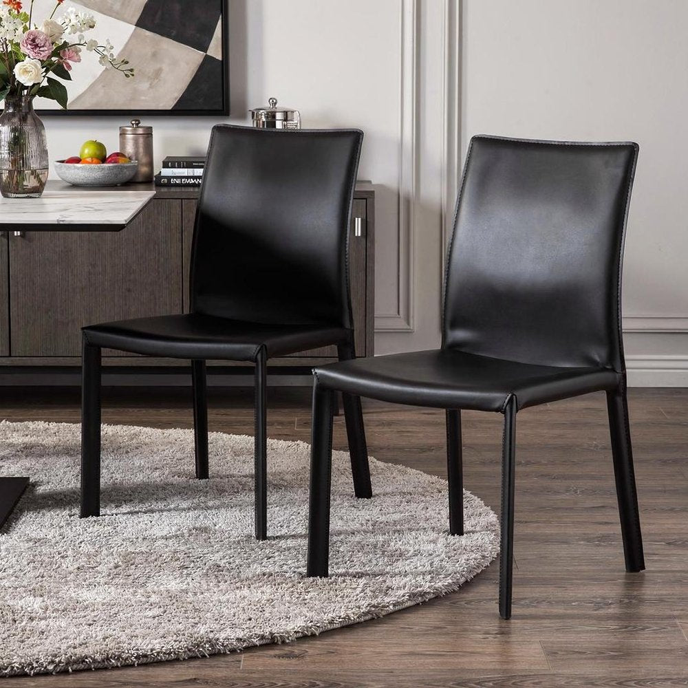 Set of Two Black Upholstered Leather Dining Side Chairs