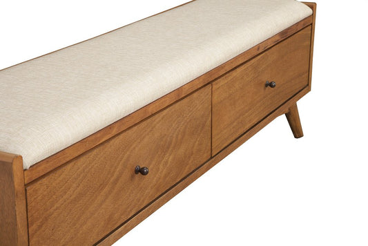 59" Beige And Brown Fabric And Solid Wood Upholstered Storage Bench With Drawers