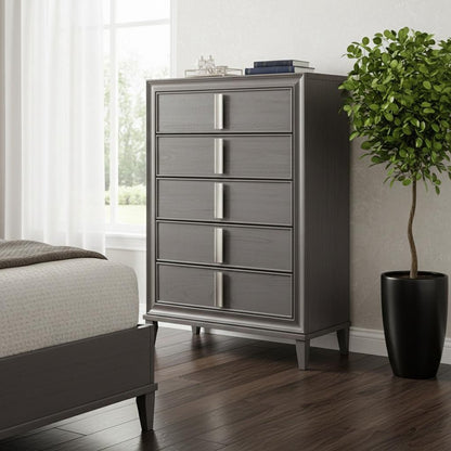 38" Gray Solid Wood Five Drawer Chest