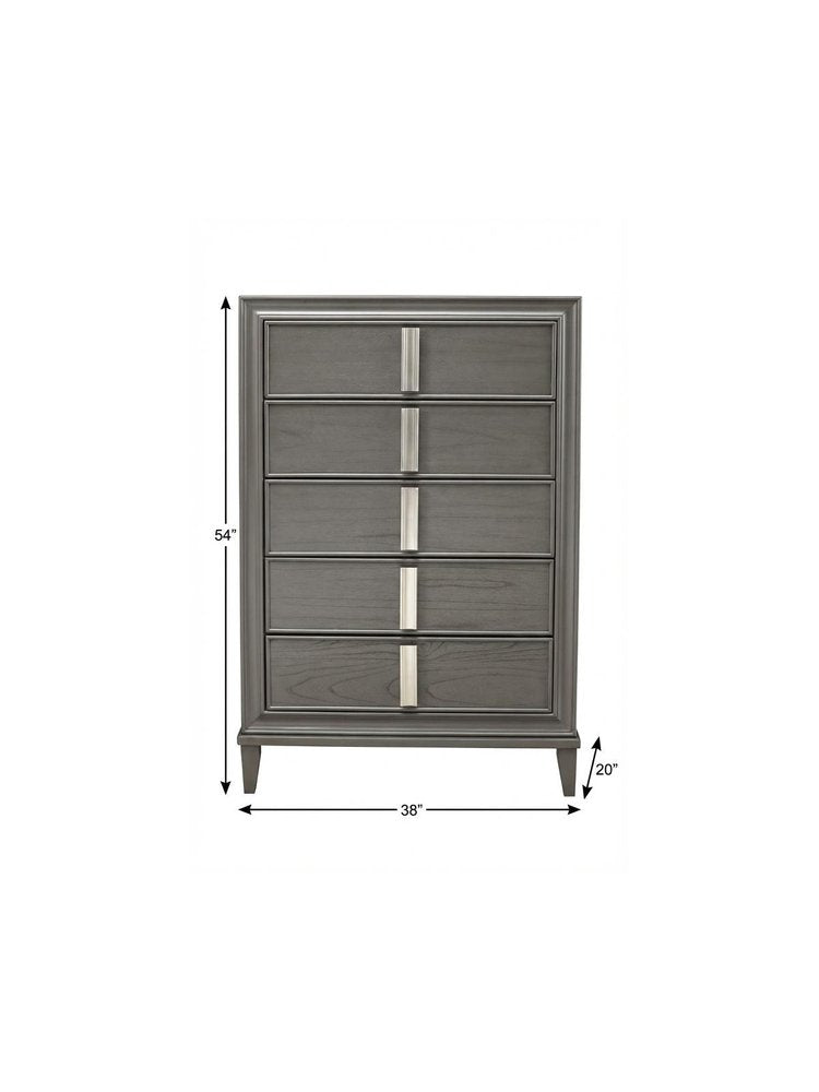 38" Gray Solid Wood Five Drawer Chest