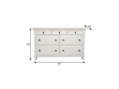 62" White Solid Wood Seven Drawer Double Dresser