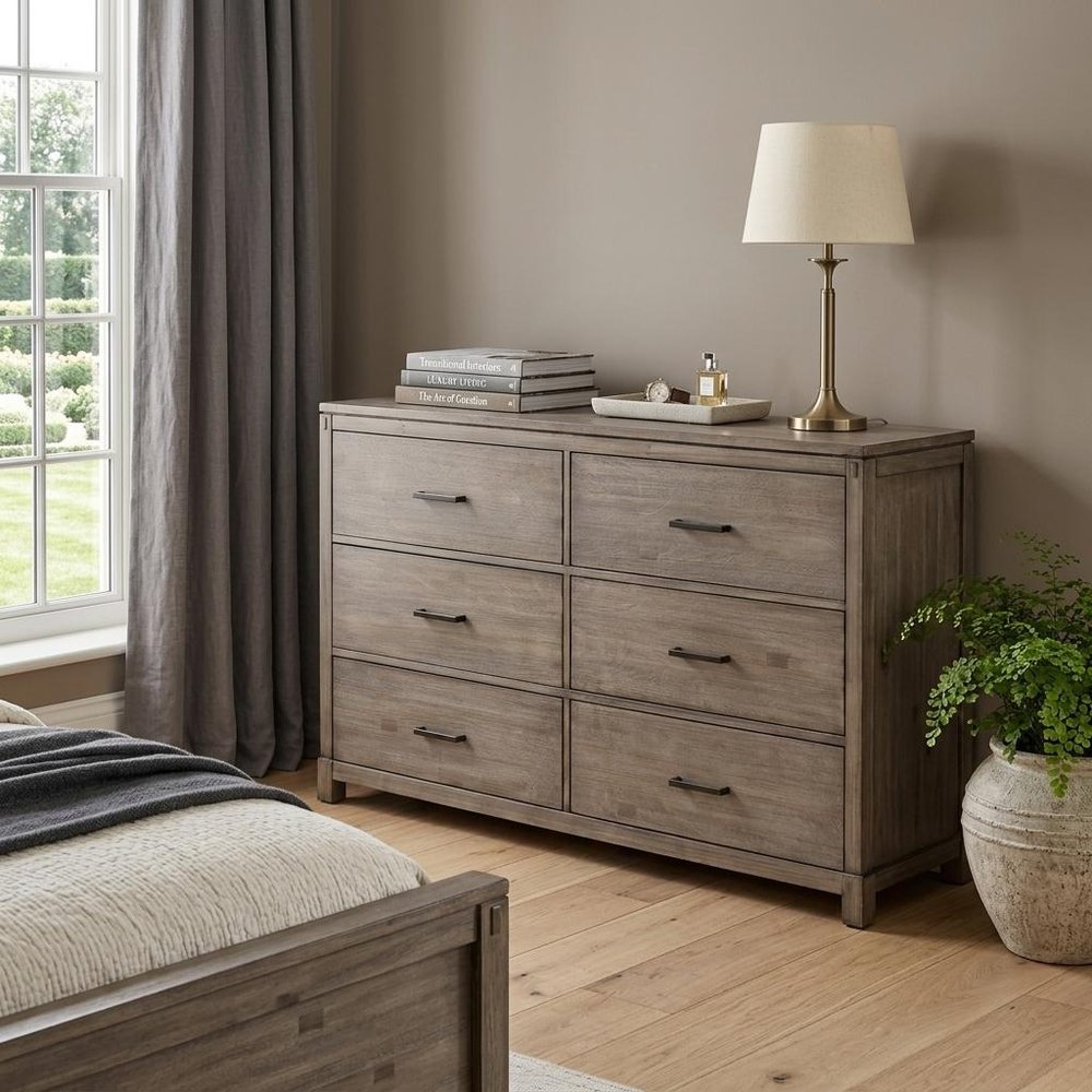 60" Gray Solid Wood Six Drawer Double Dresser
