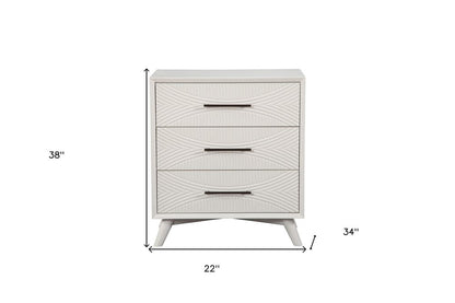 34" White Carved Geometric Solid Wood Three Drawer Dresser