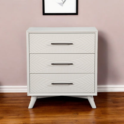 34" White Carved Geometric Solid Wood Three Drawer Dresser