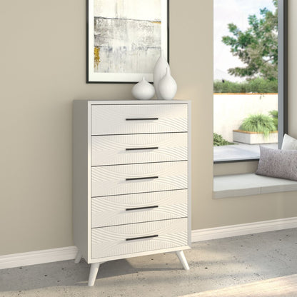34" White Carved Geometric Solid Wood Five Drawer Dresser