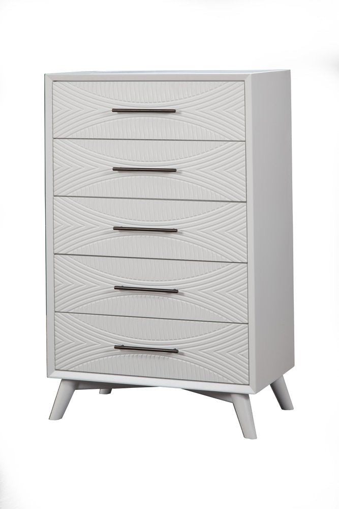 34" White Carved Geometric Solid Wood Five Drawer Dresser