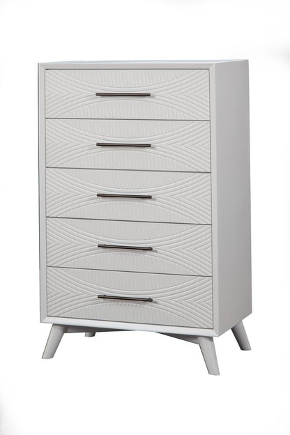 34" White Carved Geometric Solid Wood Five Drawer Dresser