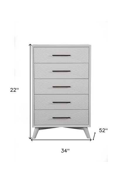 34" White Carved Geometric Solid Wood Five Drawer Dresser