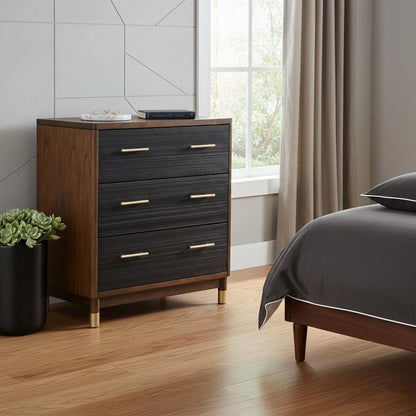 33" Brown and Black Solid Wood Three Drawer Chest