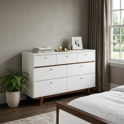 56" Brown And White Solid Wood Seven Drawer Double Dresser