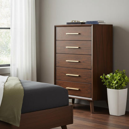 28" Walnut Solid Wood Five Drawer Chest