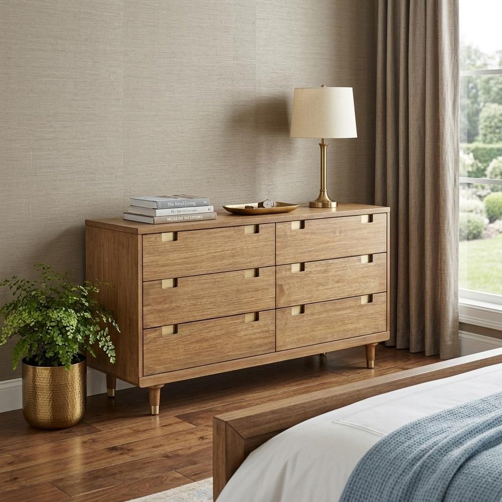 60" Brown Solid Wood Six Drawer Double Dresser