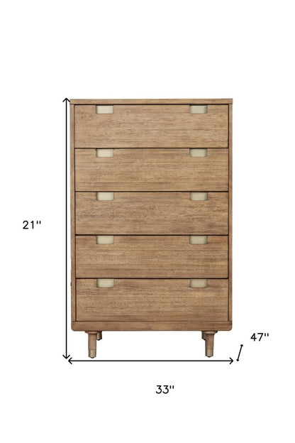 33" Brown Solid Wood Five Drawer Dresser