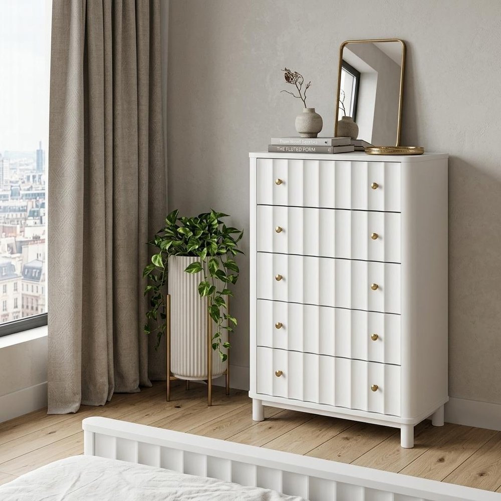 28" White Solid Wood Five Drawer Dresser