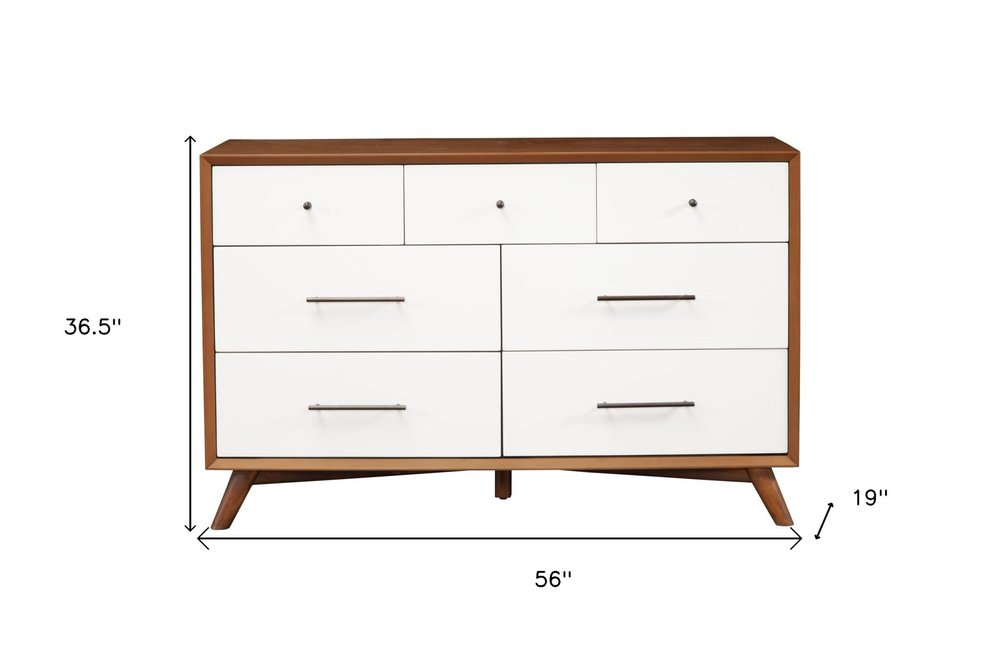 56" Brown And White Solid Wood Seven Drawer Double Dresser
