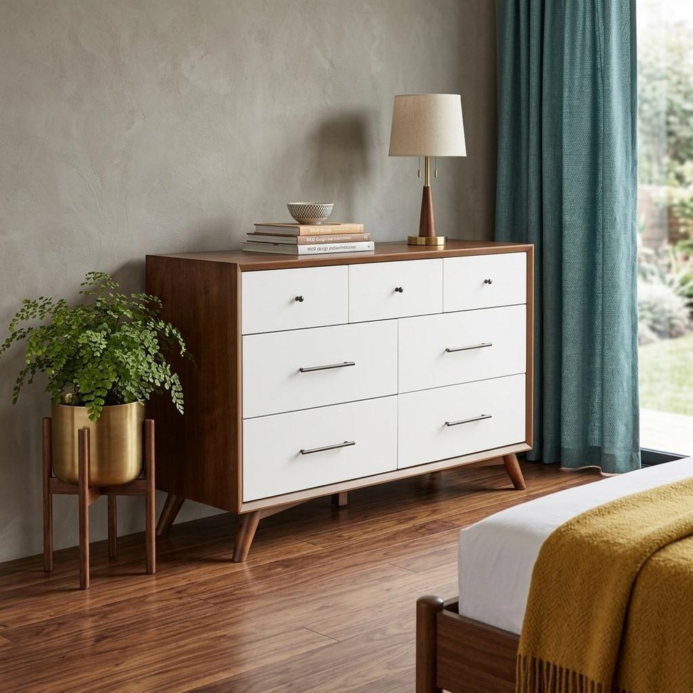 56" Brown And White Solid Wood Seven Drawer Double Dresser