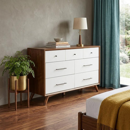 56" Brown And White Solid Wood Seven Drawer Double Dresser