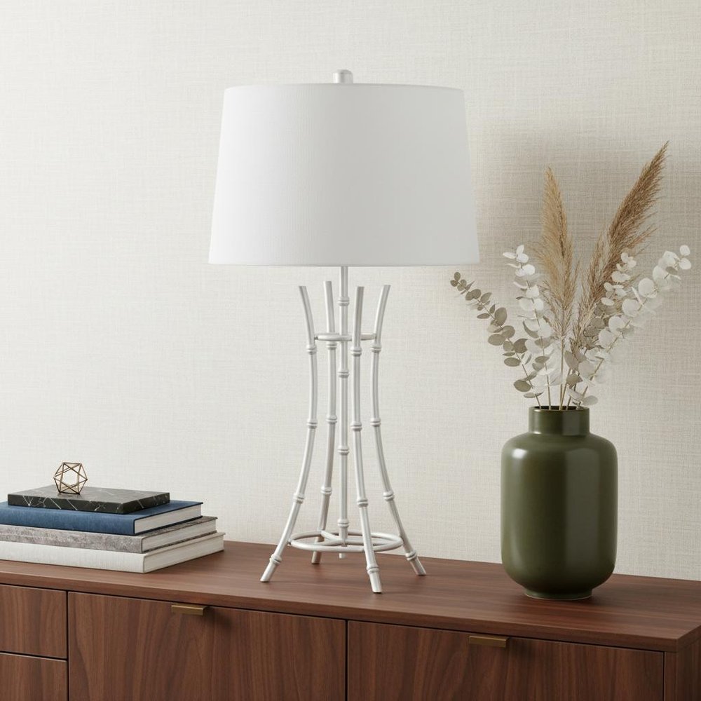 29" Silver Bamboo Design Table Lamp With Off White Drum Shade