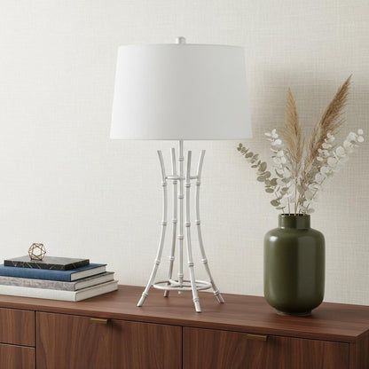 29" Silver Bamboo Design Table Lamp With Off White Drum Shade