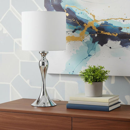 25" Silver Sleek Table Lamp With Off White Drum Shade