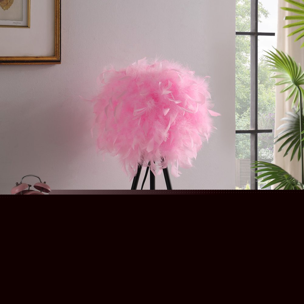 21" Black And Pink Faux Feather Tripod Table Lamp