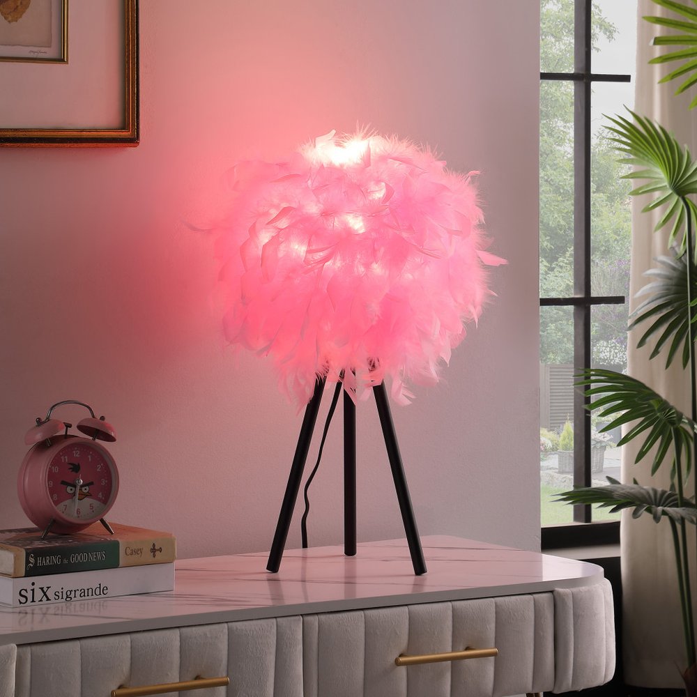 21" Black And Pink Faux Feather Tripod Table Lamp