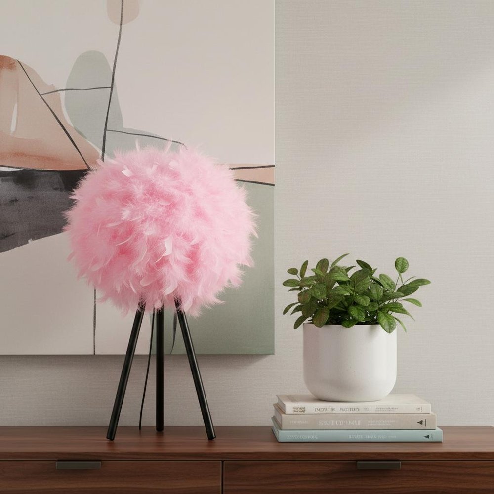 21" Black Tripod Table Lamp With Pink Faux Feather Shade