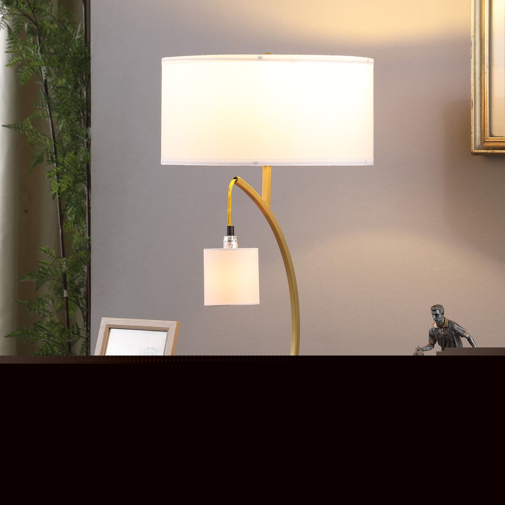 29" Gold Metal Two Light Arched Table Lamp With White Drum Shade