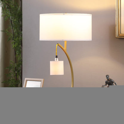 29" Gold Metal Two Light Arched Table Lamp With White Drum Shade